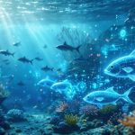 Conceptual depiction of the digital transformation in marine security showing AI systems analyzing ocean data, blockchain tags on fish, IoT sensors collecting environmental information, and the futuristic integration of technology with marine life.
