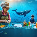 A diverse group of citizen scientists of all ages participate in marine research activities, including observing whale migrations, monitoring coral reefs, and collecting marine debris along a beautiful ocean backdrop.