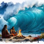 A gathering of indigenous storytellers sharing marine tales by a fire, surrounded by ocean waves and traditional navigation symbols, showcasing the historical bond between humans and the sea.