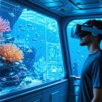 Person using VR headset on a ship interacting with a holographic representation of an ocean ecosystem, featuring colorful coral reefs and swimming sea creatures with digital data overlays.