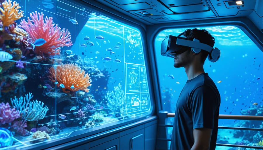 Person using VR headset on a ship interacting with a holographic representation of an ocean ecosystem, featuring colorful coral reefs and swimming sea creatures with digital data overlays.