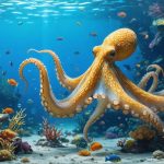 An octopus in a coral reef using its arms to unscrew a jar lid, illustrating its remarkable problem-solving skills amidst a vibrant marine ecosystem with various sea creatures.