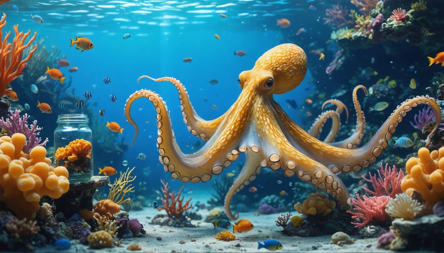 An octopus in a coral reef using its arms to unscrew a jar lid, illustrating its remarkable problem-solving skills amidst a vibrant marine ecosystem with various sea creatures.