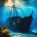 A colorful underwater scene featuring an ancient shipwreck illuminated by beams of sunlight, surrounded by coral and schools of fish, capturing the essence of underwater cultural heritage.