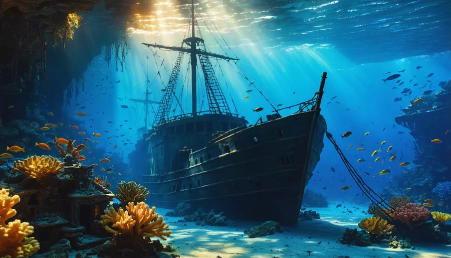 A colorful underwater scene featuring an ancient shipwreck illuminated by beams of sunlight, surrounded by coral and schools of fish, capturing the essence of underwater cultural heritage.