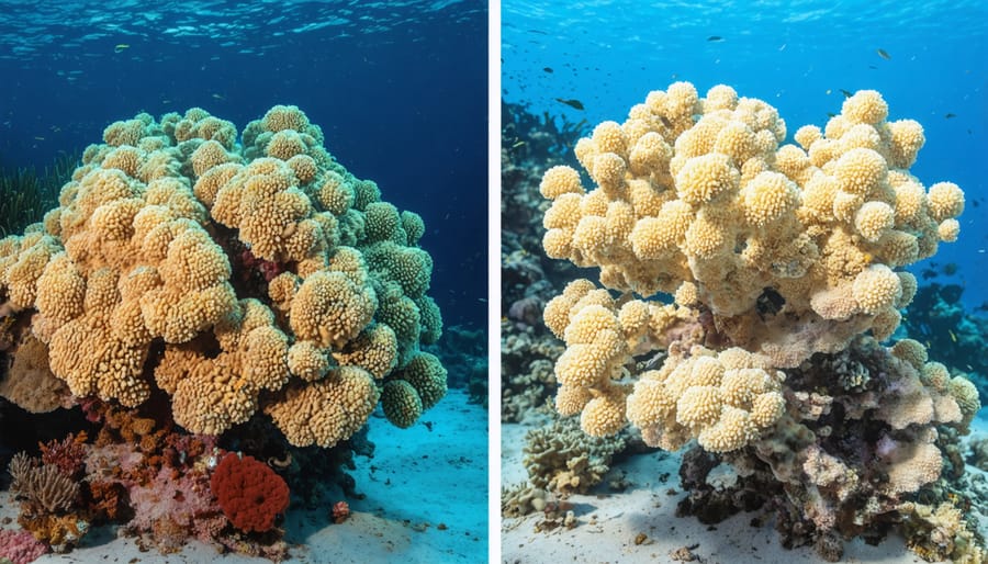 Side-by-side images showing the dramatic difference between a thriving coral reef and a bleached, dead reef