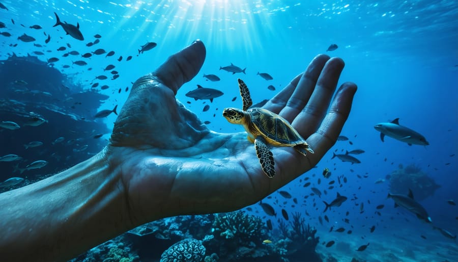 A protective hand emerging from the ocean, sheltering diverse marine species like sea turtles, dolphins, and coral reefs, illustrating conservation efforts to safeguard marine ecosystems.