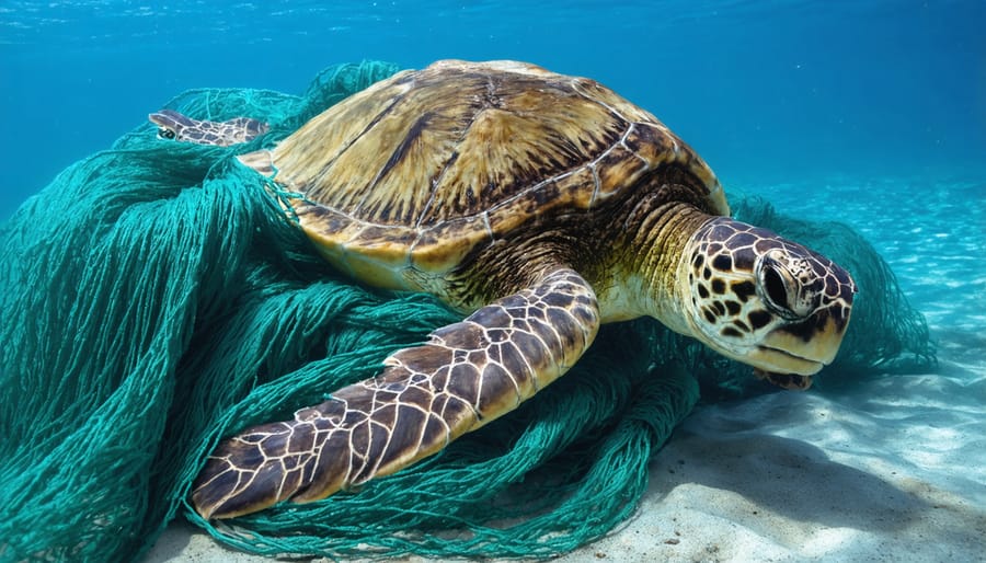 Sea turtle trapped and struggling in a fishing net underwater