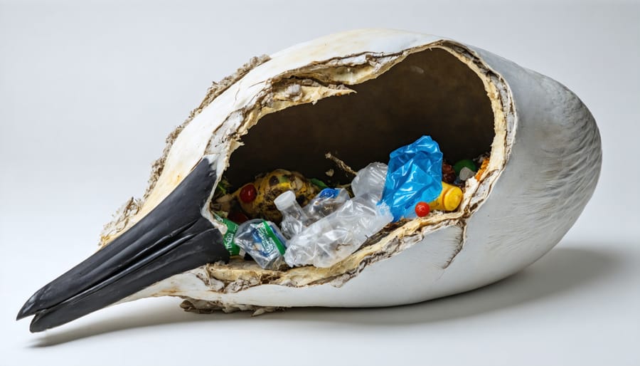 Dead seabird with plastic pieces filling its dissected stomach