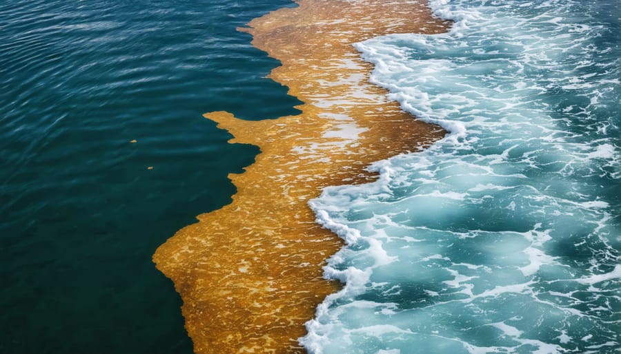 Rainbow-colored fuel spill pattern spreading on blue water surface near recreational boats