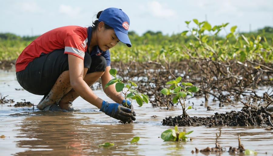 Group of people wading in shallow water planting young mangrove trees