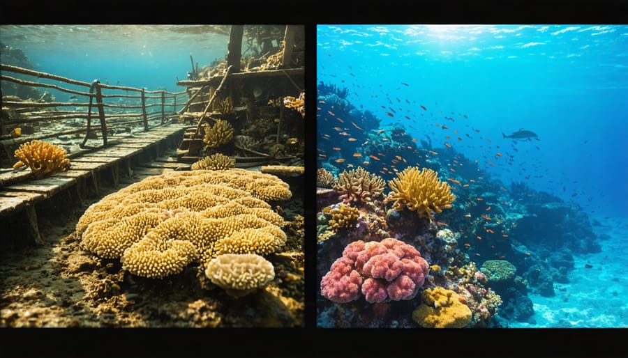 Side-by-side comparison of pristine coral reef and anchor-damaged coral reef bed