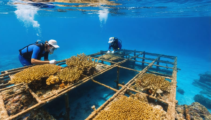 Team of divers attaching coral fragments to a metal restoration structure on the ocean floor