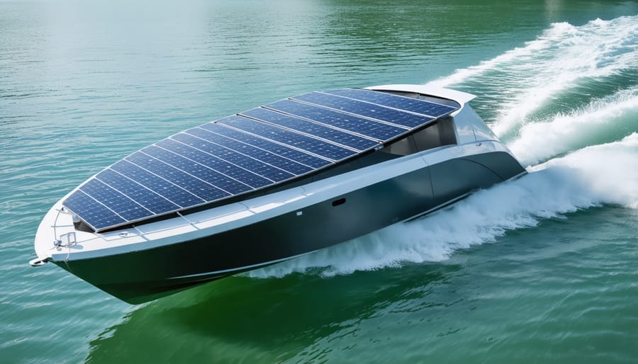 Sleek electric-powered boat with integrated solar panels on calm water