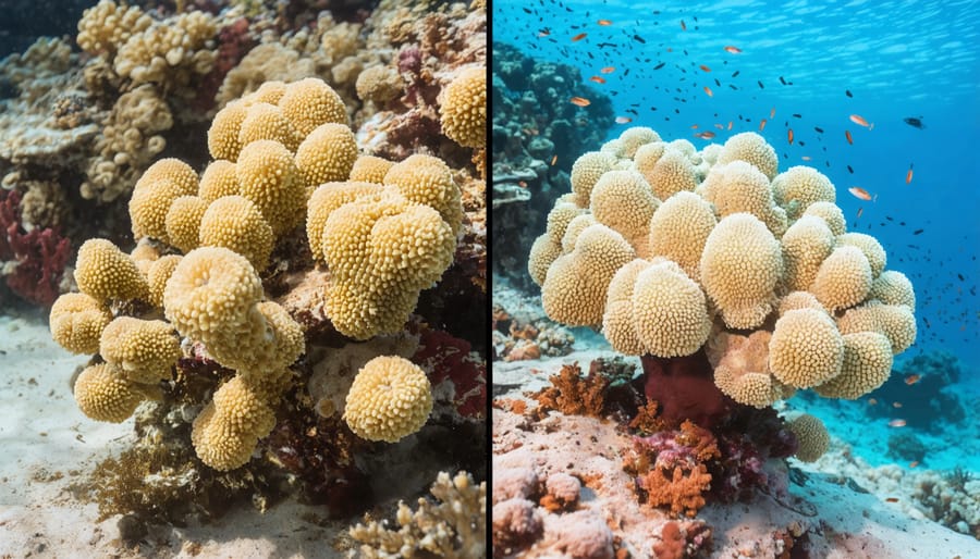 Side-by-side comparison of vibrant coral reef ecosystem and degraded bleached coral reef