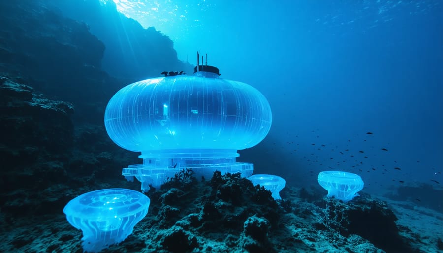 Research submarine illuminating mysterious deep-sea creatures in dark ocean waters