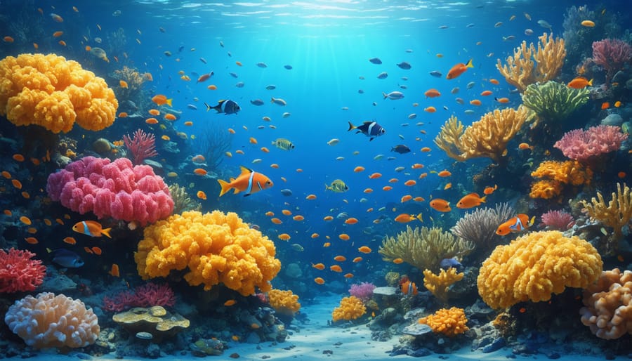 Vibrant coral reef with fish, sea anemones, and various marine species demonstrating ecological relationships