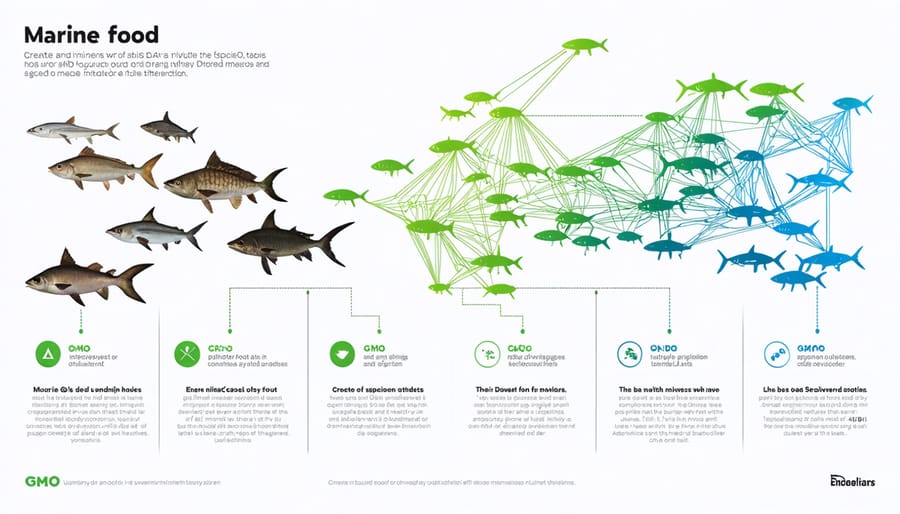 Detailed marine food web diagram illustrating the impact of GMO species on ecosystem relationships