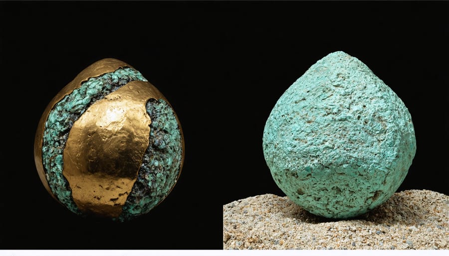 Comparison of preserved versus degraded underwater bronze artifact showing acidification damage