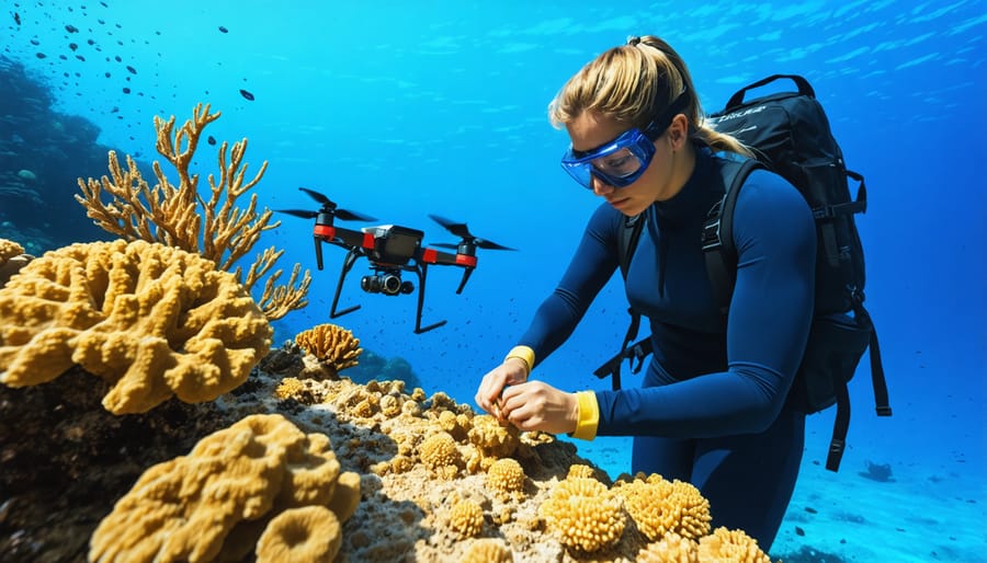 Scientist in laboratory preparing coral fragments in specialized containers for drone transport
