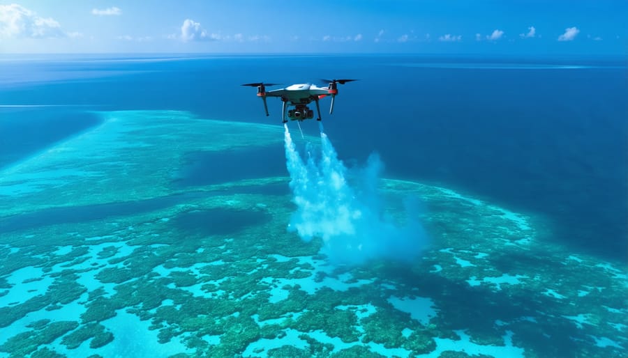 Underwater drone dispersing coral larvae across a damaged reef area