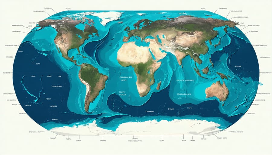 Illustration of Earth's ocean conveyor belt system with arrows indicating warm and cold water flows
