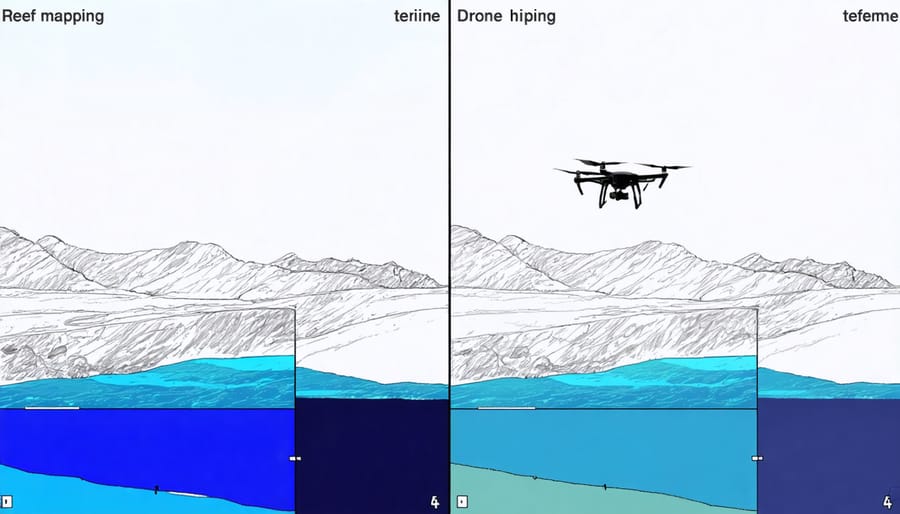 Side-by-side comparison of 3D reef mapping imagery showing before and after restoration