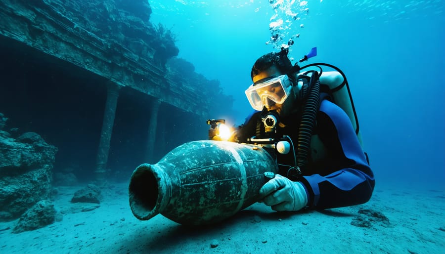 Marine archaeologist operating 3D scanning device near ancient pottery on seafloor