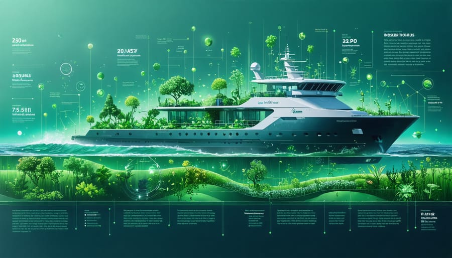 Futuristic ship sailing on an ocean filled with diverse algae species, symbolizing sustainable algae-based biofuel solutions for maritime transportation.