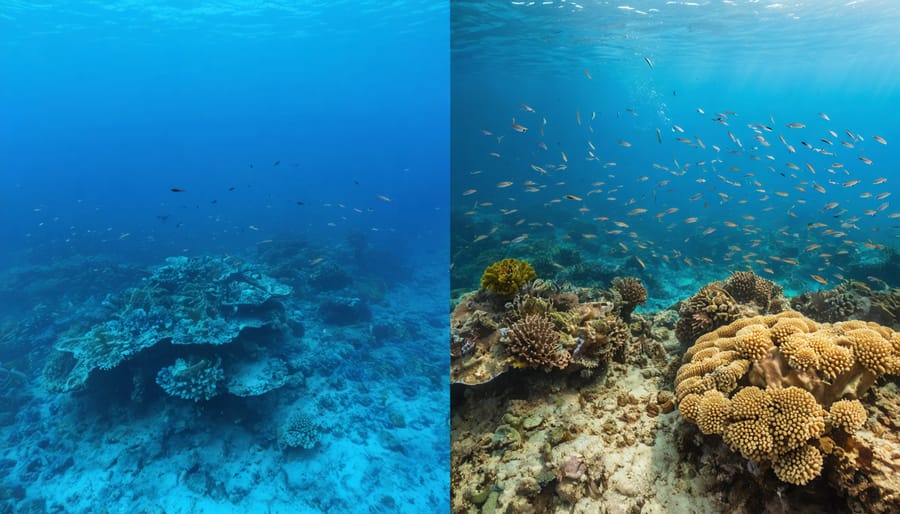A split image showing the contrast between a vibrant, healthy marine ecosystem on one side and a murky, algal bloom-affected dead zone on the other, illustrating the impact of algal blooms on marine life.