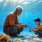 An elder fisherman guiding a young apprentice in traditional hand-line fishing on a sunny coastal shore, illustrating the transmission of ecological knowledge and sustainable fishing practices.