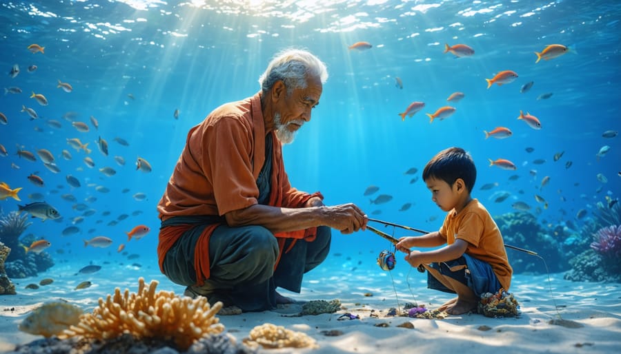 An elder fisherman guiding a young apprentice in traditional hand-line fishing on a sunny coastal shore, illustrating the transmission of ecological knowledge and sustainable fishing practices.