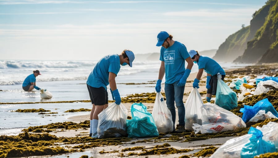 Group of diverse volunteers collecting plastic waste from beach shoreline