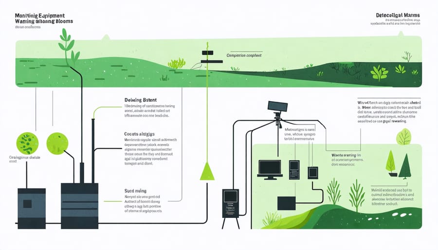 Diagram of algal bloom monitoring and detection systems including buoys, sensors, and satellite technology