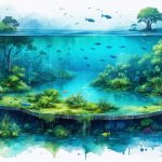 Illustrative depiction of interconnected blue carbon ecosystems, showcasing mangroves, seagrasses, and salt marshes with marine life, carbon-rich roots, and community conservation activities to highlight their climate change mitigation role.