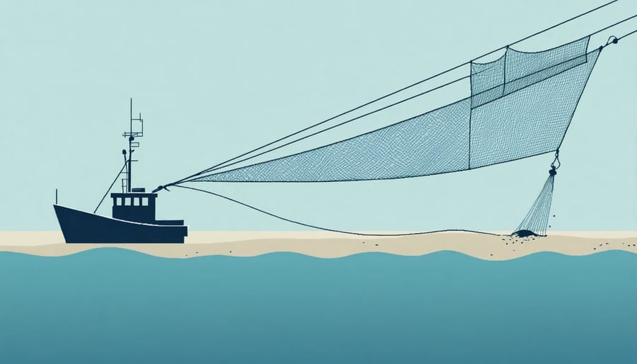 Technical illustration of a bottom trawling net showing trawl doors, ground rope, and net configuration