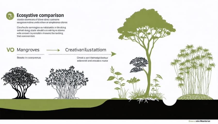 Bar chart comparing carbon sequestration rates of mangroves, rainforests, and other ecosystems