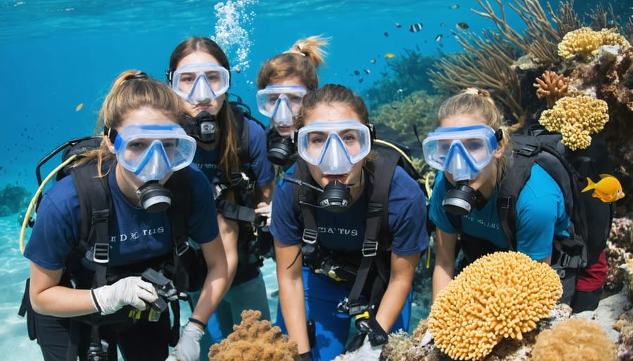 Mixed group of people learning to use coral monitoring equipment in shallow water