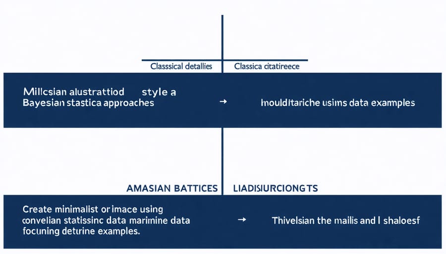 Split diagram comparing classical vs Bayesian statistics with probability distributions and marine ecosystem data