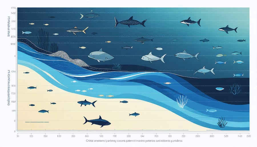 Visual representation of how climate change affects ocean currents and marine life distribution