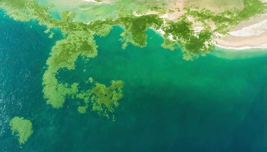 Aerial view of an extensive algal bloom spreading across coastal waters