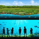 Artistic representation of various coastal marine habitats, including mangroves, salt marshes, seagrass meadows, and coral reefs with children exploring and learning, highlighting the educational significance.