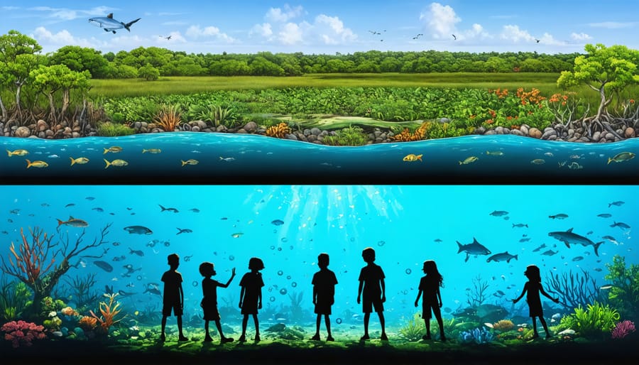 Artistic representation of various coastal marine habitats, including mangroves, salt marshes, seagrass meadows, and coral reefs with children exploring and learning, highlighting the educational significance.