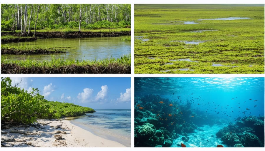 Four-way split image comparing different coastal marine ecosystems: dense mangrove roots in water, grassy salt marsh wetland, underwater seagrass meadow, and vibrant coral reef