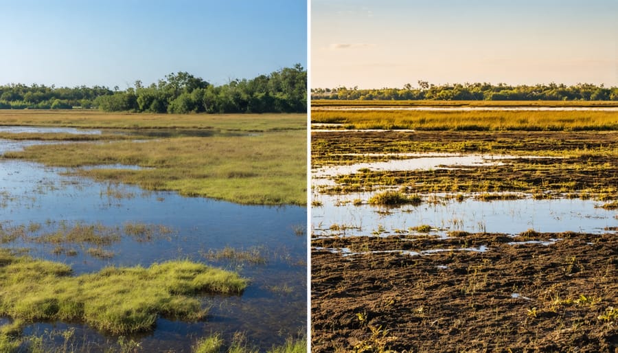 Side-by-side comparison of a degraded coastal wetland and its successful restoration after conservation efforts