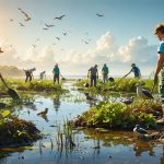 Volunteers actively participating in a coastal wetland restoration, planting native plants and removing debris with thriving wildlife and lush vegetation in the background.