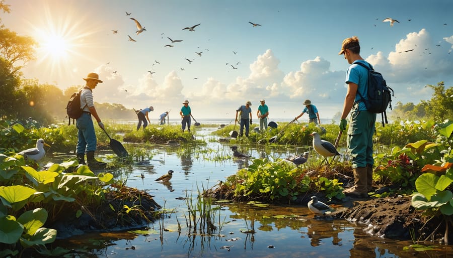 Volunteers actively participating in a coastal wetland restoration, planting native plants and removing debris with thriving wildlife and lush vegetation in the background.