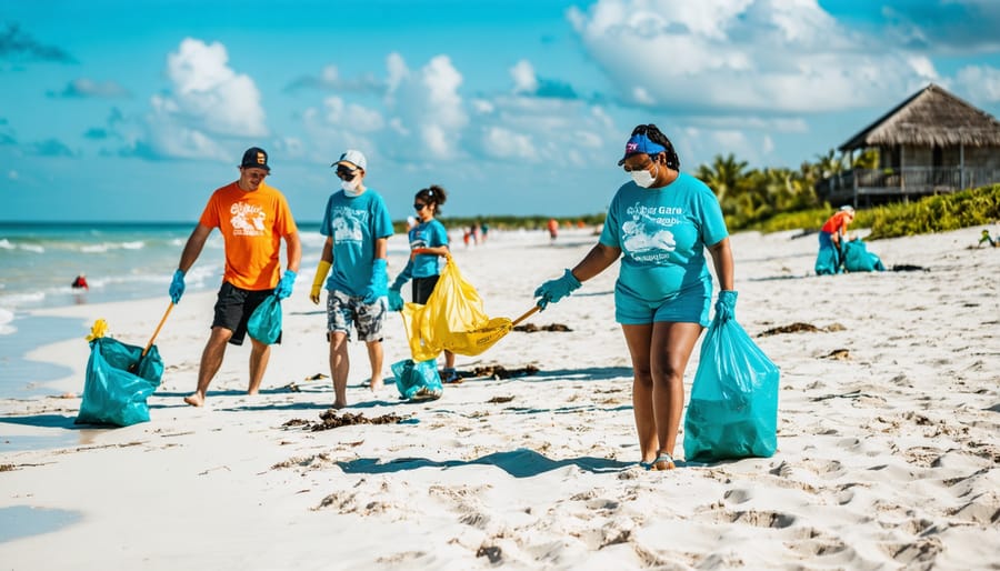 Diverse group of volunteers collecting and cataloging marine debris during a beach cleanup