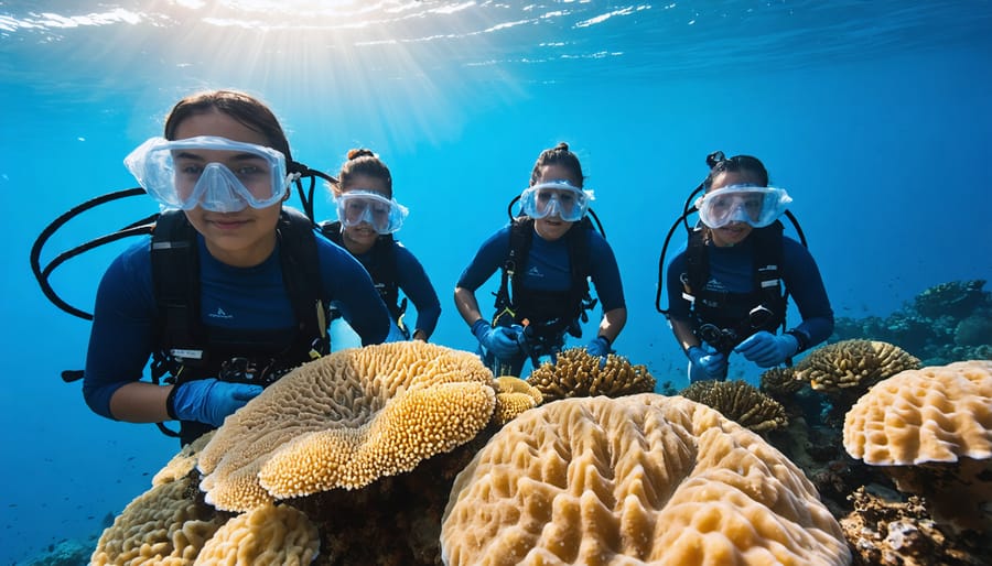 Local guides and tourists carefully transplanting coral fragments onto a reef structure
