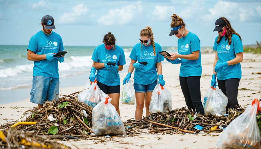 Group of diverse volunteers collecting and logging marine debris using mobile devices on a coastal beach